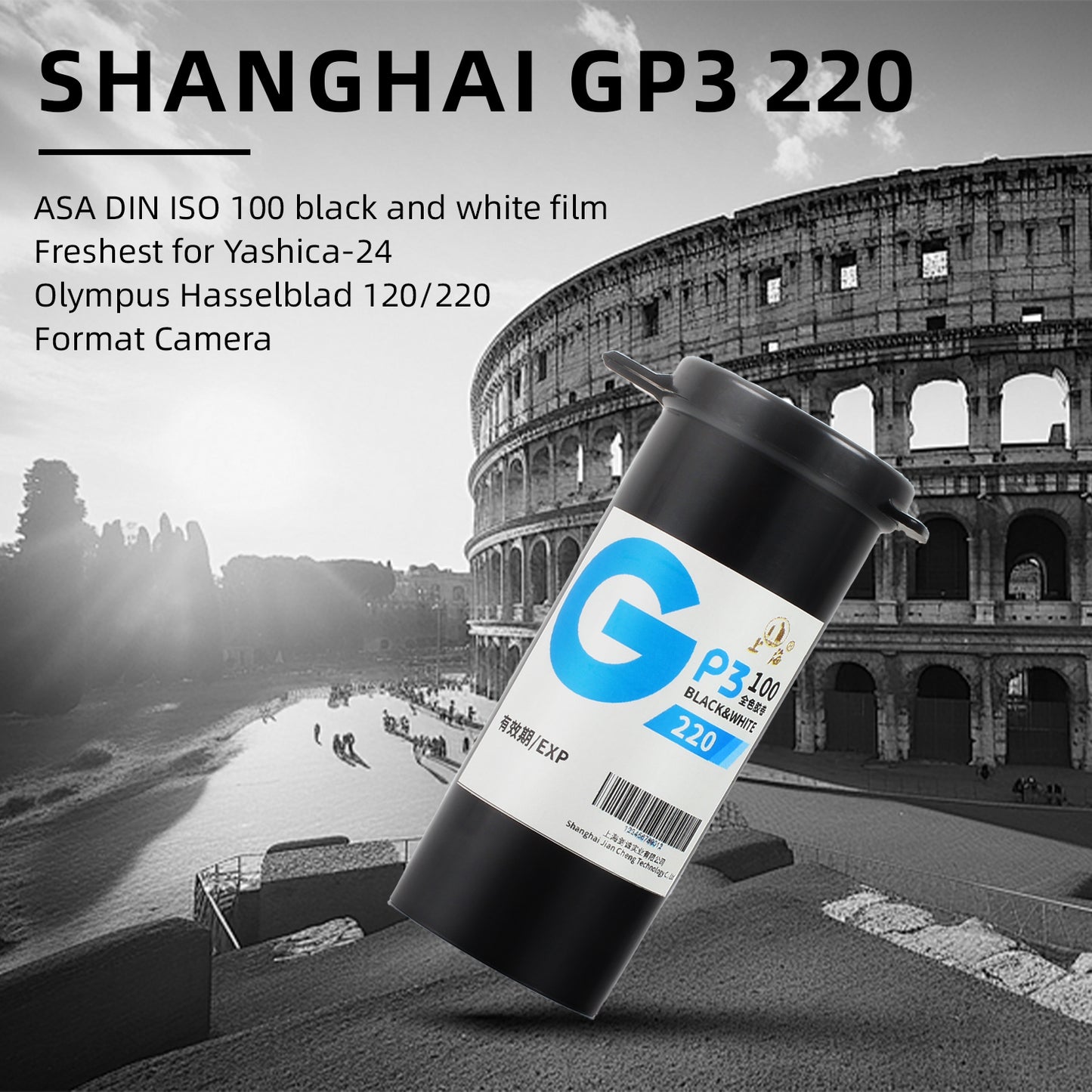 Shanghai GP3 220 Schwarz-Weiß-Rollfilm ASA DIN ISO 100 S/W Negativ 10-2023 Frischeste für Yashica-24 Olympus Hasselblad 120/220 Formatkamera