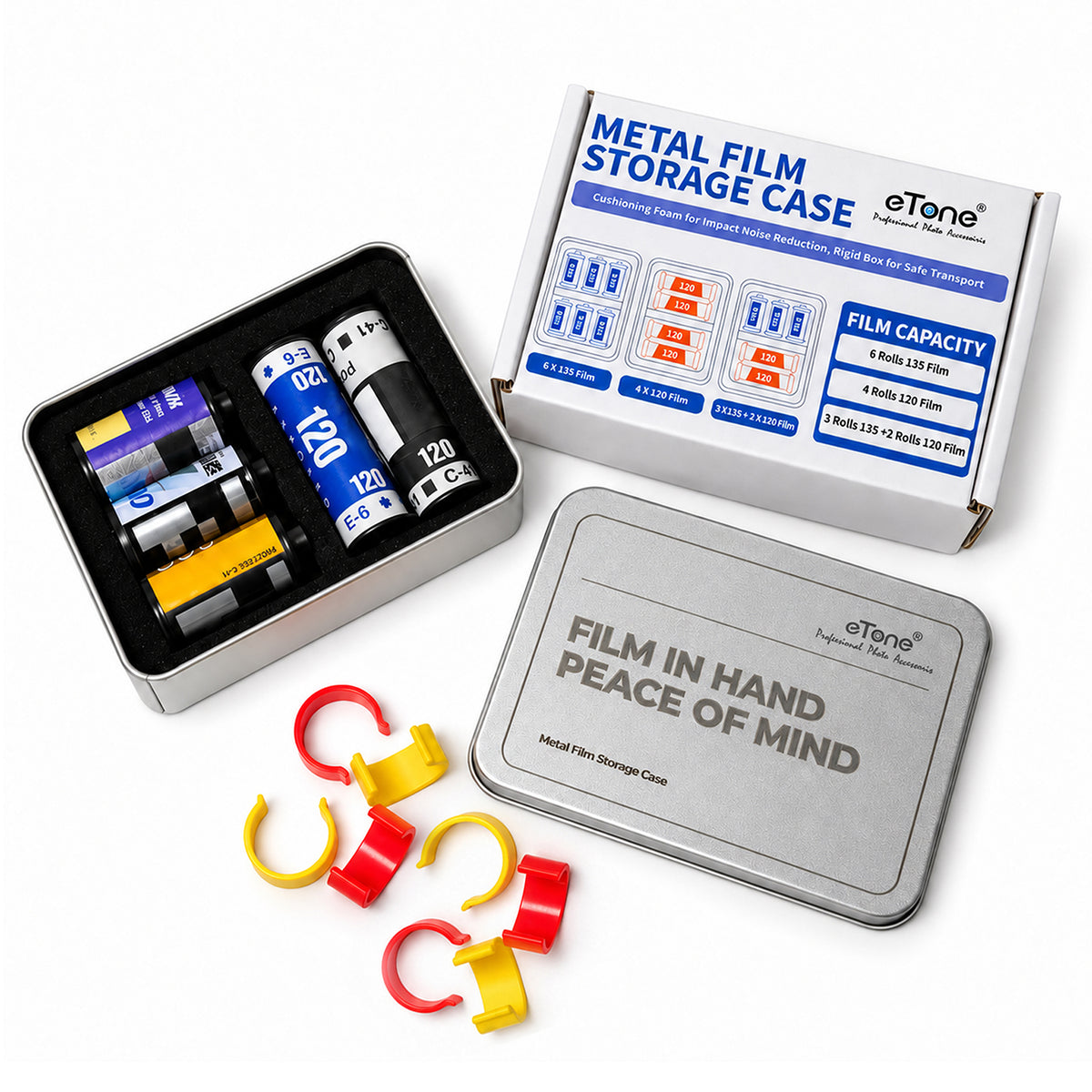 eTone Metal Film Canister Silent Storage Case Box with Clips for 120 135 35mm Negative Film