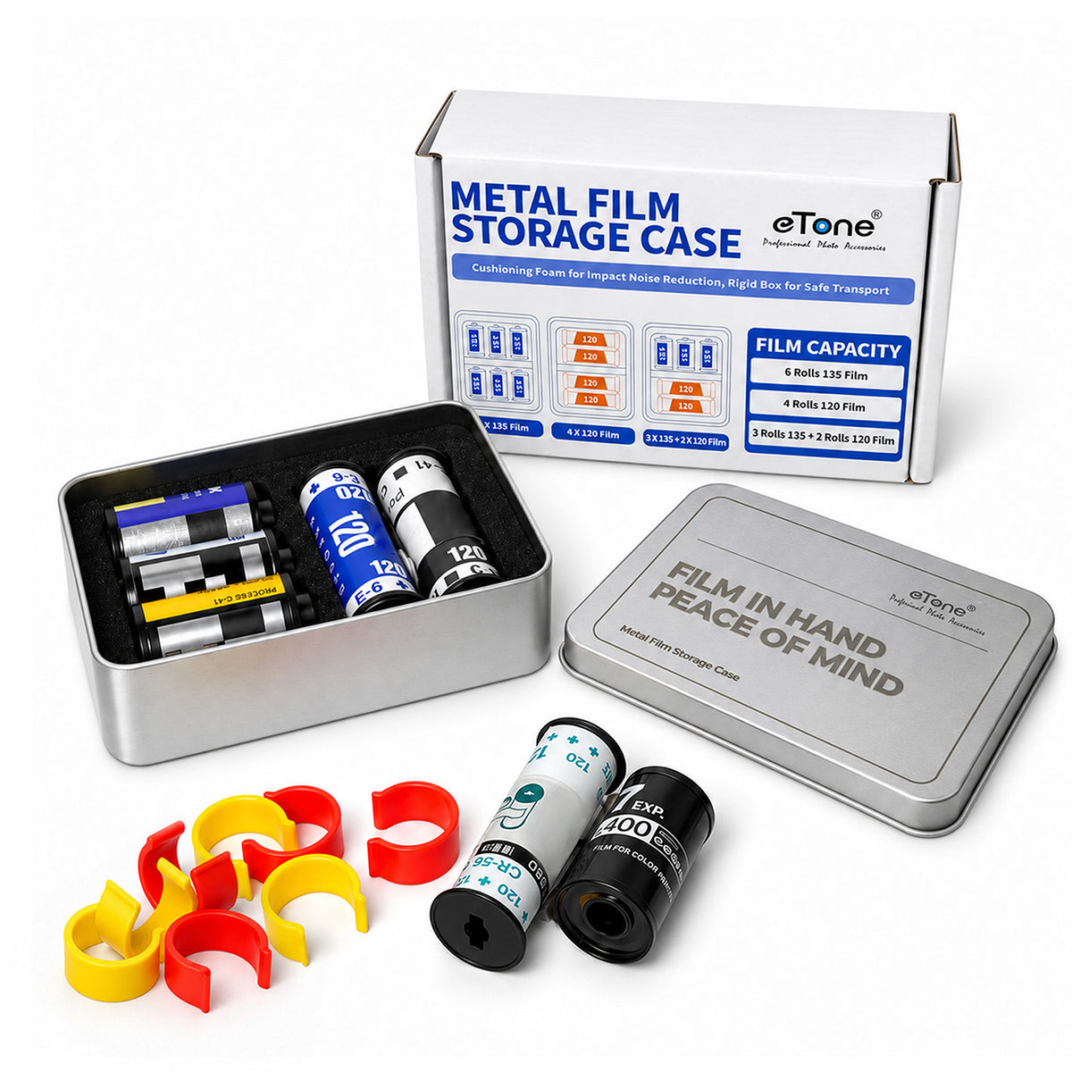 eTone Metal Film Canister Silent Storage Case Box with Clips for 120 135 35mm Negative Film