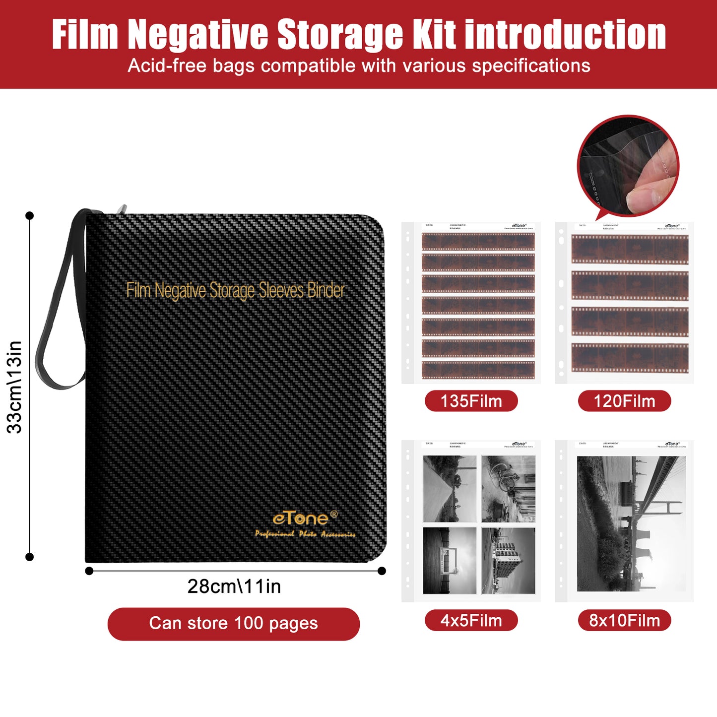 Film 3 Ring Binder Archival Storage Photo Album For Print File 120 135 35mm 4x5 Negative Sleeve Large Size