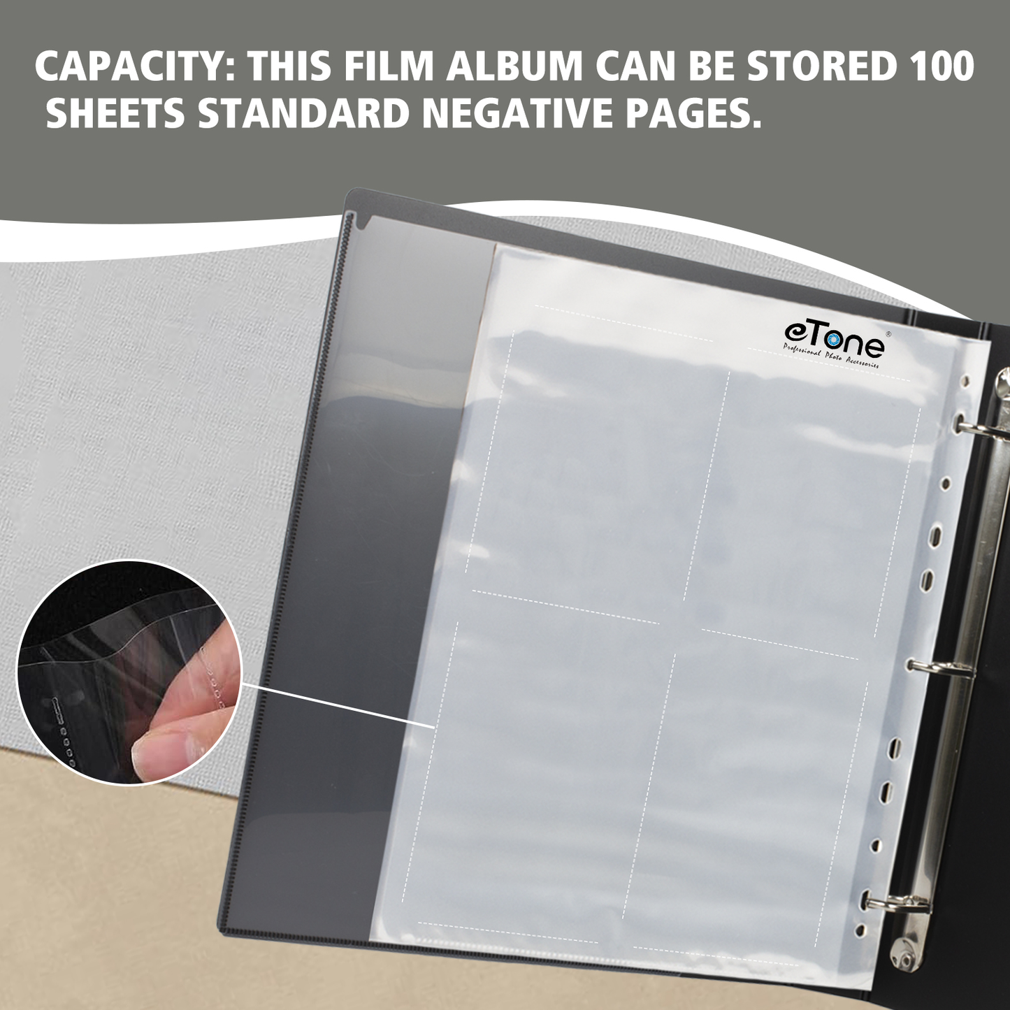 eTone 50/100X Archival Storage Sheets 4x5 Page Bag Ring Binder B/W Film Negative