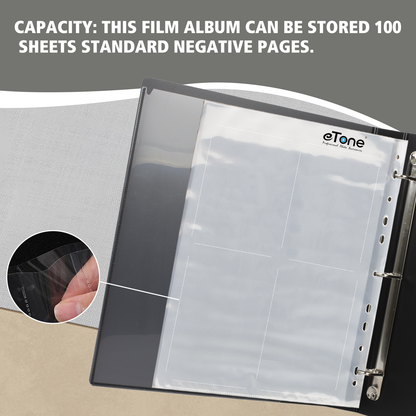 eTone 50/100X Archival Storage Sheets 4x5 Page Bag Ring Binder B/W Film Negative