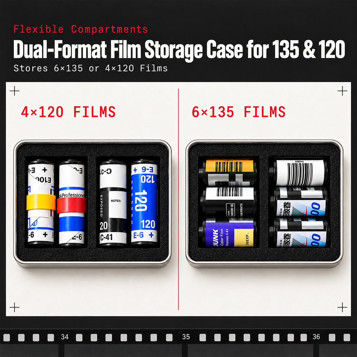 eTone Metal Film Canister Silent Storage Case Box with Clips for 120 135 35mm Negative Film