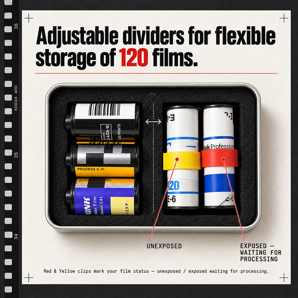 eTone Metal Film Canister Silent Storage Case Box with Clips for 120 135 35mm Negative Film