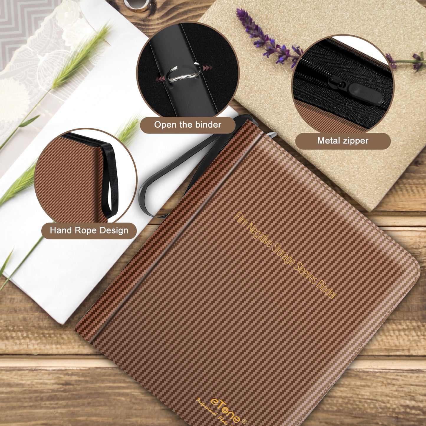 Brown L Size Photo Ring Binder Zipper Album 120 6x6 6x7 Acid-free Film Negative Storage Page