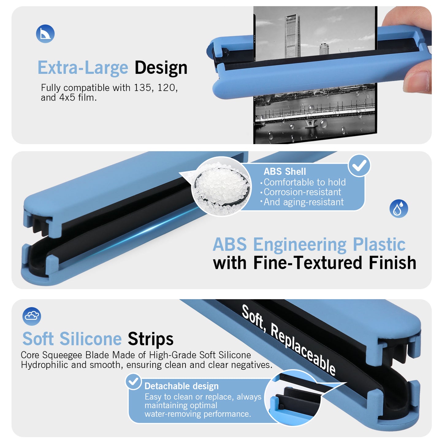 eTone Film Squeegee for 35mm 135 120 4x5 Film, Soft Silicone Blades, Streak-Free Wiping Negative Film Blue Green