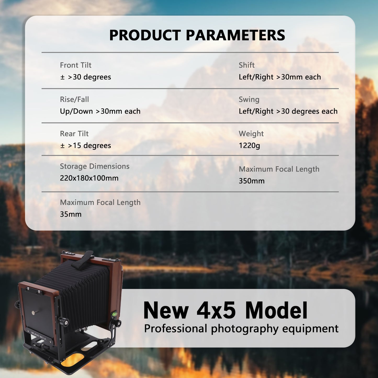 New Munewca 4X5'' Large Format Teak Wood Field Folding Film Camera With Ground Glass