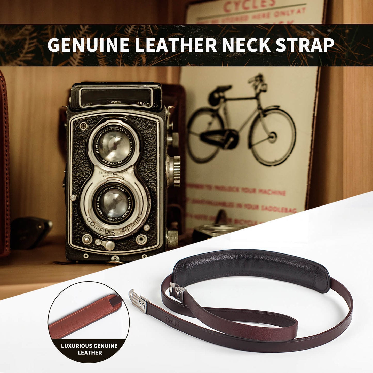 Leather Neck Strap With Shoulder Pad For Rolleiflex 2.8C 2.8D TLR Camera